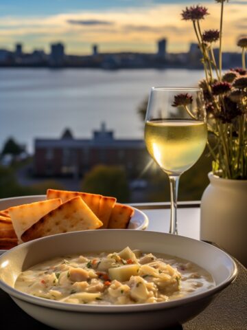 bowl of new england clam chowder with a glass of white wine