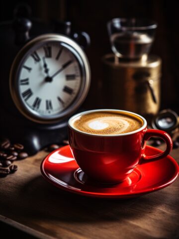 red cup of espresso next to an alarm clock