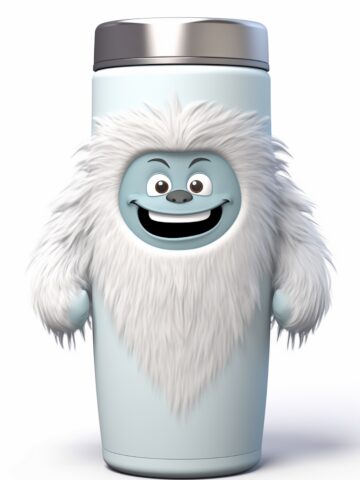 Travel mug with a silly yeti character face on it