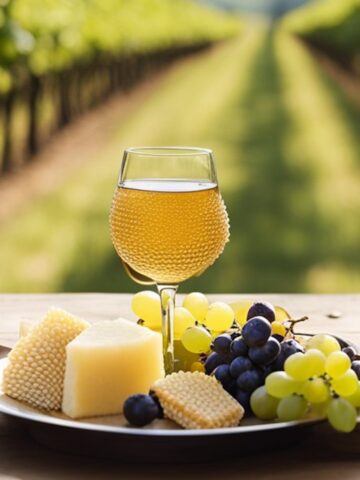 white wine or mead in a stemmed glass with cheese, honeycomb and grapes on a plate