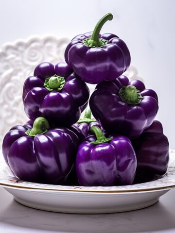 purple bell peppers piled on a white plate