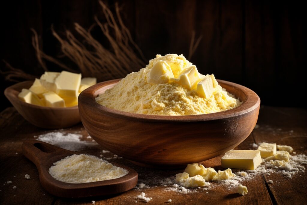 dehydrated butter powder in a wooden bowl