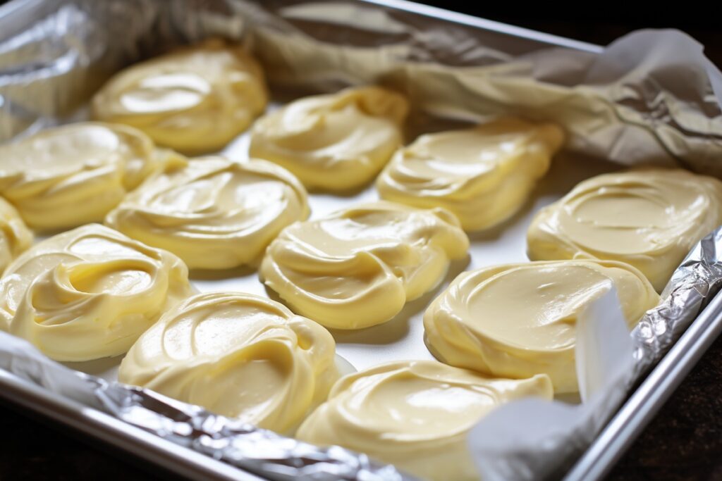 butter spread on parchment paper on a baking sheet for dehydrating in the oven